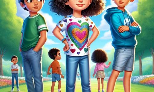 Al centro dell'immagine, c'è una ragazza di 11 anni, Sofia, con capelli ricci castani e occhi brillanti, che esprime determinazione e profonda compassione. Indossa una maglietta colorata con un disegno di cuore e jeans, e si tiene con sicurezza, le mani sui fianchi, di fronte a un gruppo di ragazzi. Alla sua destra, Marco, un ragazzo di 12 anni di origine marocchina, con pelle olivastra e capelli neri corti, guarda Sofia con gratitudine. Indossa un felpa blu e scarpe da ginnastica. Si tiene leggermente in disparte, ma la sua espressione mostra che si sente sostenuto. A sinistra, Luca, un ragazzo di 11 anni con capelli biondi e pelle chiara, si avvicina timidamente. Indossa una maglietta verde e pantaloni corti. Sembra esitante, ma il suo sguardo mostra che è pronto ad ascoltare. Il contesto si svolge in un parco verdeggiante, con alberi maestosi sullo sfondo, fiori colorati lungo il sentiero e un cielo blu punteggiato di nuvole bianche. I bambini giocano in lontananza, creando un'atmosfera gioiosa. La situazione principale mostra Sofia che difende Marco di fronte a compagni che lo prendono in giro. Si tiene fiera, pronta a parlare per l'inclusione e il rispetto, mentre Marco e Luca la ascoltano, illustrando il coraggio e l'amicizia in un momento di tensione.