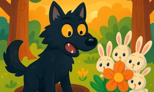 Un gran lobo feroz, con un pelaje negro y brillante, se encuentra en el centro de un claro del bosque, con ojos amarillos chispeantes de curiosidad y una expresión de sorpresa en su rostro. Mira a un grupo de pequeños conejos de pelaje suave y blanco, que se esconden detrás de una gran flor colorida, con ojos redondos y preocupados que delatan su miedo. El claro del bosque está bañado por la luz dorada del sol poniente, iluminando árboles majestuosos con troncos gruesos y hojas verdes vibrantes, mientras flores multicolores salpican el suelo. La situación principal muestra al lobo, que acaba de caer en un agujero, rodeado de conejos que, aunque temerosos, comienzan a acercarse con curiosidad, listos para ayudar.