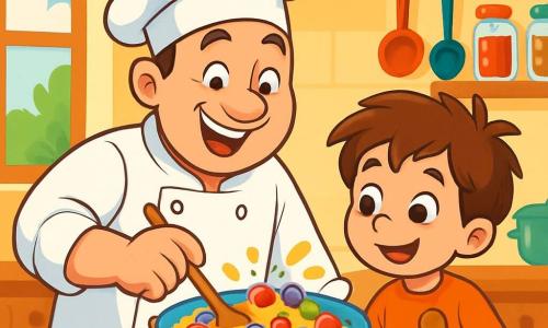 Un bărbat zâmbitor, chef-ul de bucătărie Mihai, poartă o tunică albă strălucitoare și o bonetă mare din țesătură. Are ochi strălucitori de bucurie și un zâmbet larg care îi luminează fața. El amestecă ingrediente colorate într-un bol mare, cu stropi de aluat în jurul său. Lângă el, un băiat de 8 ani, Andrei, cu părul castaniu și ochi curioși, observă cu atenție. Ține o linguriță mică din lemn și pare încântat, pregătit să ajute. Andrei se află chiar lângă Mihai, admirând acest pelerin culinar. Scena se desfășoară într-o bucătărie caldă și primitoare, plină de ustensile colorate, condimente în borcane și fructe proaspete pe blatul de lucru. Lumina soarelui pătrunde printr-o fereastră, iluminând pereții vopsiți în galben pastel. Mihai și Andrei pregătesc un desert delicios, amestecând fructe colorate într-un bol mare, în timp ce un parfum dulce umple aerul, creând o atmosferă veselă și plină de creativitate.