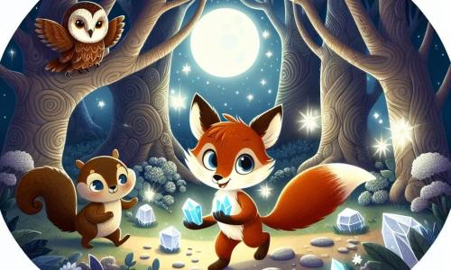 An illustration depicts a small, vibrant-furred fox with sparkling, curious eyes standing in the center of a moonlit clearing. The determined fox holds three shimmering crystals that emit a soft glow. Nearby, a majestic owl with dark feathers and bright, wise eyes observes from an ancient tree branch, while a playful brown squirrel with a bushy tail stands beside the fox, sharing a conspiratorial smile. The enchanted clearing is set in a mysterious forest, surrounded by gnarled trees with silver leaves glimmering in the moonlight, and luminescent flowers scattered across the ground, adding a magical touch. The main scene shows the brave fox ready to confront an evil witch, surrounded by friends as they prepare to free the forest from darkness. Threatening shadows dance around them, creating a captivating yet eerie atmosphere, with light bursts from the crystals and mysterious shadows weaving through the trees, symbolizing the struggle between light and darkness.