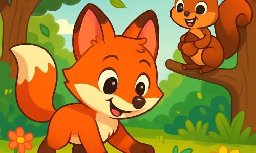 In the center of the image, Finn the fox, a small fox with bright red fur, looks on with sparkling eyes of excitement. He has a joyful and curious expression, his ears perked up and his bushy tail swaying behind him. Finn is picking up a piece of colorful paper from the ground, with a determined smile on his face. Next to him, Luna the little squirrel, with her brown fur and big bright eyes, watches Finn with an encouraging look. She is perched on a low branch, her tiny paws clutching an acorn, ready to help. The setting is a sunny clearing in the heart of a lush forest, where sunlight filters through the leaves, creating bright patterns on the ground. Colorful flowers and tall grasses surround the two friends, while a gentle breeze makes the leaves dance. The main scene shows Finn and Luna united in their mission to clean the forest, illustrating the importance of caring for their environment.