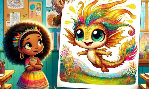 An illustration depicts a small magical being with shimmering scales that change color with its emotions. It has large, bright eyes, a warm smile, and a fluffy tail that wags joyfully. It is drawing a beautiful colorful garden on a large sheet of paper, its scales glowing a bright yellow, symbolizing joy. Next to it is a girl with curly, shiny hair of African-American descent, admiring the drawing while wearing a colorful dress and smiling with sparkling eyes. A light-skinned boy with messy blonde hair stands slightly back, arms crossed, showing a mix of confusion and interest as he observes the magical being and the girl. The main setting is a bright classroom filled with vibrant colors, decorated walls with children's drawings, educational posters, and sunlight streaming through the windows. Wooden tables are arranged in a circle, creating a welcoming atmosphere. The main scene shows the magical being sharing its drawing with peers, highlighting the importance of acceptance and celebrating differences, evoking emotions of joy, curiosity, and open-mindedness. Other graphic elements include scattered colored pencils on the table, paper flowers on the walls, and a blackboard in the background with words like 