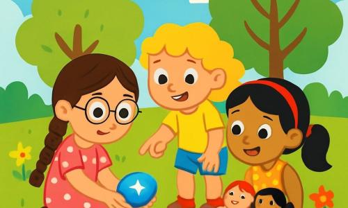 Er zijn 3 personages: - Lotte: een 7-jarig meisje met lange, gevlochten bruine haren en ronde brillen. Ze draagt een roze jurk met witte stippen en zit in een hurkpositie met de glanzende blauwe steen in haar handen. - Noor: een 6-jarig meisje met krullend blond haar en een grote glimlach. Ze draagt een gele t-shirt en een spijkerbroekshort. Ze staat naast Lotte en wijst nieuwsgierig naar de steen. - Mila: een 7-jarig meisje met zwart haar in een paardenstaart en een rode haarband. Ze draagt een bloes met bloemen en zit op het gras, omringd door haar poppen, terwijl ze met verwondering naar de steen kijkt. De locatie is een uitgestrekt en groen speelterrein, met loofbomen op de achtergrond, kleurrijke bloemen verspreid over het gras en een stralende blauwe lucht. In het midden zitten de drie meisjes op een zacht gazon, badend in gouden licht. De hoofdsituatie toont Lotte, Noor en Mila die een glanzende blauwe steen in het gras ontdekken. Ze zijn geïntrigeerd en leunen allemaal naar de steen, terwijl ze opgewonden blikken en glimlachen uitwisselen, klaar om het mysterie van deze vreemde vondst op te lossen.