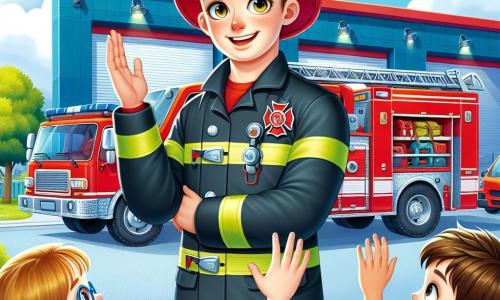 Un uomo, Mario, è il personaggio principale, un pompiere dal sorriso caloroso e dagli occhi brillanti di determinazione. Indossa una tuta rossa vivace, un casco da pompiere lucido e si trova con sicurezza accanto al suo camion dei pompieri, il 