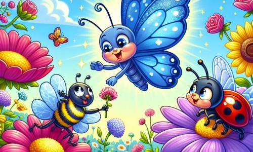 Ein bunter Schmetterling mit einem einzigen Flügel in leuchtenden Blau- und Violetttönen fliegt fröhlich über einen blühenden Garten und zeigt ein großes, glückliches Lächeln. Er erkundet neugierig die Blumen, seine Augen strahlen vor Freude. Neben ihm ermutigt ein kleiner roter Käfer mit schwarzen Punkten, der freundlich lächelt, indem er ein Bein als Zeichen der Freundschaft hebt. Weiter weg sammelt eine gelb-schwarze Biene mit durchsichtigen Flügeln Nektar und wirft dem Schmetterling einen freudigen Blick zu. Der Garten ist üppig und voller blühender Blumen in allen Farben: rosa Rosen, gelbe Sonnenblumen und zarte Veilchen, unter einem klaren blauen Himmel mit fluffigen weißen Wolken. Die Hauptsituation zeigt den Schmetterling und seine Freunde, die gemeinsam die schönsten Blumen des Gartens entdecken und dabei Lachen und Momente der Vertrautheit teilen, was die Bedeutung von Freundschaft und die Akzeptanz von Unterschieden verdeutlicht.