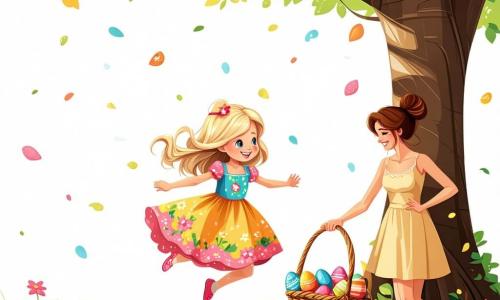 Ein 4-jähriges Mädchen namens Lilli mit langen blonden Haaren und strahlenden Augen springt vor Freude unter einem großen Baum. Sie trägt ein buntes Kleid mit Blumenmustern und hält einen Korb voller bunter Ostereier. Neben ihr kniet ihre Mutter, eine Frau in den Dreißigern mit braunen, hochgesteckten Haaren und einem warmen Lächeln, stolz und ermutigend, während sie Lilli liebevoll ansieht. Der Ort ist eine wunderschöne grüne Wiese mit bunten Wildblumen unter einem klaren blauen Himmel. Der große Baum mit seinem üppigen Laub spendet angenehmen Schatten, und Vögel singen fröhlich in den Zweigen. Lilli entdeckt ein glitzerndes goldenes Osterei, das unter den Wurzeln des Baumes versteckt ist, und ihre Miene zeigt Staunen und Überraschung, während ihre Mutter sie ermutigt, näher zu kommen und es aufzuheben.
