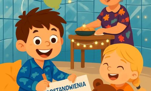 Ośmioletni chłopiec Olek z rozczochranymi brązowymi włosami i szerokim uśmiechem nosi niebieskie piżamko w dinozaury. Siedzi na podłodze otoczony kolorowymi poduszkami, trzymając dużą kartkę papieru, na której pisze swoje postanowienia noworoczne, a jego oczy błyszczą z ekscytacji. Obok niego jego pięcioletnia siostra Hania z warkoczykami i figlarną miną bawi się dużym misiem, głośno się śmiejąc. Ich babcia Ewa, uśmiechnięta kobieta w okrągłych okularach i kwiecistej sukience, stoi w tle, przygotowując przekąski na stole ozdobionym błyszczącymi girlandami. Scena ma miejsce w Lustrzanym Domku, magicznym salonie z lustrzanymi ścianami, gdzie kolorowe balony unoszą się pod sufitem, a świecące światła oświetlają przestrzeń. Olek i Hania bawią się, pisząc zabawne i kreatywne postanowienia noworoczne, otoczeni radością i magią święta.