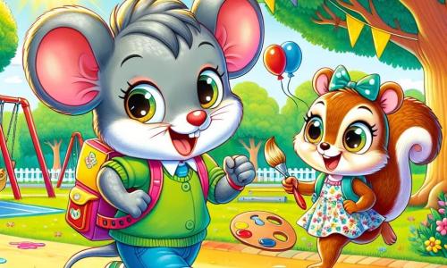 An illustration depicts a small mouse boy with large round ears and gray fur, displaying a determined and joyful expression. He carries a colorful backpack and is running along a grassy path, beaming with a bright smile. Next to him, a little squirrel girl with brown fur and sparkling curious eyes is ready to join him, her face radiant with excitement. She wears a flowered dress and holds a paint palette in her tiny paws, eager to create. In the background, a lively school park filled with majestic trees, colorful flowers, and the laughter of animals can be seen. Outdoor games like swings and a slide add cheer to the environment. The main scene shows the two friends preparing for the school's big race, surrounded by classmates cheering them on. The air is filled with energy and enthusiasm, with the sun shining in a clear blue sky, creating a joyful and friendly atmosphere. Balloons float in the air, and colorful flags decorate the course, adding a festive touch to this special day.