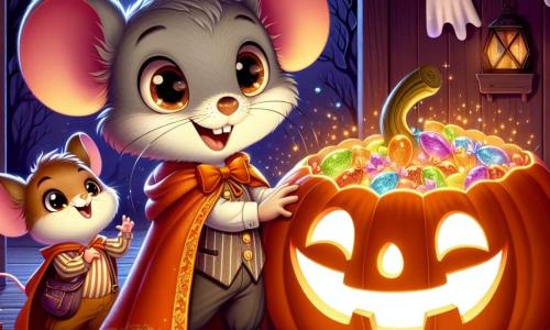 Max, eine kleine Maus mit grauem Fell und runden Ohren, trägt einen orangefarbenen Umhang aus einem alten Stoff. Er hat neugierige, funkelnde Augen und ein breites Lächeln, während er mutig vor einem großen, leuchtenden und geheimnisvollen Kürbis steht, der mit lächelnden Gesichtern dekoriert ist. Mimi, eine kleine braune Maus mit glänzenden Augen und zuckenden Schnurrhaaren, steht neben ihm und lacht begeistert, während ihre kleinen Pfoten in die Luft gehoben sind. Im Hintergrund findet die Szene in einer Mäuseschule statt, mit Holzwänden, die mit Papiergespenstern und sanft leuchtenden Kürbislaternen geschmückt sind. Max und Mimi, umgeben von ihren Freunden, versuchen, den magischen Kürbis zu öffnen, der überquillt von bunten und funkelnden Süßigkeiten, und schaffen eine fröhliche und festliche Atmosphäre.