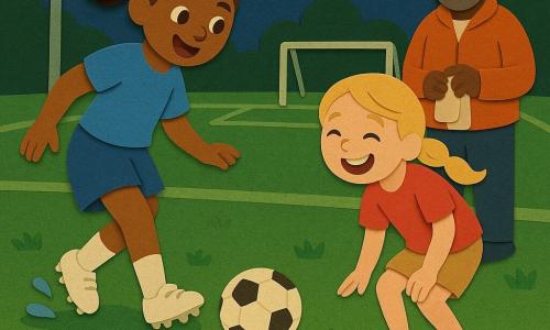 A joyful, focused young female soccer player with a brown ponytail gently passes the ball with her right foot, wearing a blue skort and white cleats with grass flecks; her friend Joy, about eight, with a blond braid and a red shirt, laughs and leans forward to receive the pass near a large puddle; Coach Lee, around 40 with a short gray beard and orange jacket, stands at the sideline holding a small towel and watching kindly; nighttime grassy field under soft floodlights with textured green turf, reflective puddles, crisp white lines and simplified goalposts; main scene: the ball rolls toward Joy near the puddle with stylized paper-cut splashes, warm, safe atmosphere, vivid contrasting colors, rounded shapes and simple silhouettes for toddlers.