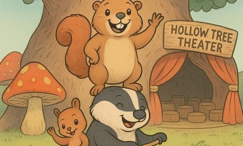 Moxie the marmot, with a radiant smile and mischievous twinkling eyes, stands atop a pyramid of animals, wearing a crown of sparkling bubbles. Pip the squirrel, with his bushy tail and curious eyes, is perched on Moxie's shoulder, joyfully waving his little paws. Benny the badger, sturdy and jovial, stands at the bottom of the pyramid, striking a metal bucket with a wooden spoon, creating a cheerful rhythm. The Grand Hollow Tree Theater, with its colorful mushroom curtains and polished log seats, serves as the backdrop for this lively scene. The animal pyramid wobbles slightly but remains steady, while the bubble crown gently floats above Moxie, capturing sunlight in iridescent bursts.