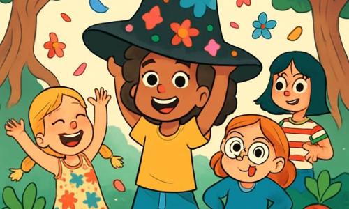 Há 4 crianças: - Sofia: uma menina de 11 anos com cabelos castanhos e cacheados, vestindo uma camiseta amarela e um short de jeans. Ela está no centro, segurando um grande chapéu preto com padrões coloridos, seu rosto radiante de excitação. - Madalena: uma menina de 11 anos com cabelos loiros trançados, vestida com um vestido de flores. Ela está à esquerda de Sofia, rindo alto, com os braços levantados como se estivesse dançando. - Leonor: uma menina de 11 anos com cabelos ruivos e óculos redondos, vestida com um suéter azul. Ela está à direita de Sofia, fazendo uma careta engraçada, com as mãos na cintura. - Beatriz: uma menina de 11 anos com cabelos negros e lisos, vestindo uma camiseta listrada. Ela está um pouco atrás, apontando para um rabanete travesso que os observa, com um sorriso malicioso. O local é uma floresta encantada, onde as árvores têm raízes no ar e flores coloridas flutuam ao redor. O chão está coberto de musgo verde brilhante, e rabanetes com olhos redondos e curiosos se escondem atrás de folhas gigantes, observando as crianças com expressões divertidas. A situação principal mostra as quatro crianças rindo e dançando ao redor do chapéu mágico, enquanto uma brisa leve faz flutuar pétalas de flores ao seu redor. Os rabanetes, escondidos atrás das árvores, parecem prontos para se juntar à festa, acrescentando um toque de absurdo e magia à cena.