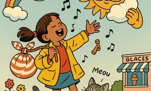 Uma menina de 8 anos, entusiasmada e travessa, cabelos castanhos em couettes, veste um casaco amarelo invertido, segura um grande embrulho listrado e um pequeno apito de madeira, estende a mão ao Sol cantando; um gato tigrado cinza (Pisco), pequeno e espevitado, olhos verdes, agarra-se aos sapatos dela e mia equilibrado numa pedra; o Sol é um rosto redondo idoso, bigodudo de raios dourados, olhos doces e cansados, fecha um olho e segura um travesseiro de nuvem; uma nuvem branca sorridente, fofa, flutua acima oferecendo um lençol macio com um pequeno arco-íris no canto; cenário de céu pastel baixo sobre um pequeno monte gramado com flores coloridas, uma praça pavimentada no canto inferior direito e uma sorveteria ao fundo; a cena mostra a menina embalando o Sol para uma soneca de dez minutos, tom engraçado e terno, cores quentes, traços nítidos e contornos levemente entintados, luz suave e jogos de sombras.