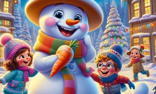 Paul, der fröhliche und bunte Schneemann mit einem großen Filzhut und einem gestreiften Schal, lächelt begeistert, während er im Zentrum der Szene steht, umgeben von funkelnden Schneeflocken. An seiner Seite lacht Mia, ein kleines Mädchen mit lockigem Haar in einem rosa Winteranzug, glücklich, während sie eine Karotte hält, die sie gerade auf die Nase des großen Schneehases gesetzt hat, den sie gebaut haben. Finn, ein Junge mit runden Brillen und einer blauen Mütze, rollt einen großen Schneeball, sein Gesicht strahlt vor Stolz. Die Szene spielt auf dem Dorfplatz von Schneestatt, wo bunte Lichter die verschneiten Tannenbäume erhellen und Kinder fröhlich im Schnee spielen. Im Hintergrund verleihen Holzhäuser mit schneebedeckten Dächern der winterlichen Atmosphäre eine warme Note. Die Hauptsituation zeigt Paul und seine Freunde, die ihre wunderschöne Schneeskulptur, einen großen Hasen mit funkelnden Augen, fertigstellen, während sie sich darauf vorbereiten, das neue Jahr mit allen Dorfbewohnern zu feiern.