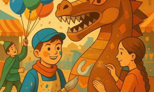 A smiling 10-year-old boy with blue and orange paint smudges on his cheeks, wearing a blue cap, red scarf and a paint-splattered apron, holds a large brush and paints silver waves on the cardboard scales of a giant dragon; behind him a focused, cheerful 12-year-old girl with a braid applies gold glitter to the dragon's snout, and a laughing 14-year-old boy in a green cape and pom-pom hat pulls a string releasing rainbow balloons from inside the dragon. The scene takes place on an old cobblestone square amid colorful stalls, bunting, lanterns and scattered confetti during a daytime carnival — children decorating a huge cardboard dragon float with bright colors, paper and shiny-metal textures, paint splashes and a festive joyful atmosphere.