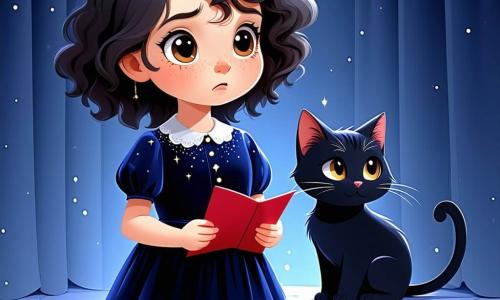 Una niña de 10 años, Elvira, con grandes ojos negros llenos de curiosidad y cabello rizado, se encuentra en el centro de la escena, con una expresión decidida y ligeramente preocupada. Lleva un vestido de terciopelo azul oscuro, adornado con motivos de estrellas brillantes, y sostiene una carta roja en sus manos, mirando a su alrededor con atención. A su derecha, un gato negro de dos colas, con ojos verdes brillantes, observa la escena con una actitud traviesa, listo para saltar. A su izquierda, un viejo sabio, un hombre de unos 70 años con una larga barba blanca y un sombrero de fieltro, está apoyado contra un muro de ladrillos, sonriendo con benevolencia, como si estuviera allí para guiar a Elvira. El lugar es un callejón oscuro y misterioso, pavimentado con piedras antiguas, con faroles de hierro forjado que emiten una luz dorada, creando sombras danzantes en las paredes cubiertas de hiedra. Las puertas de madera tallada, entreabiertas, dejan entrever destellos de luz colorida desde el interior. La situación principal muestra a Elvira, lista para tomar una decisión crucial, mientras una ligera bruma se eleva a su alrededor, añadiendo una atmósfera mágica e intrigante.
