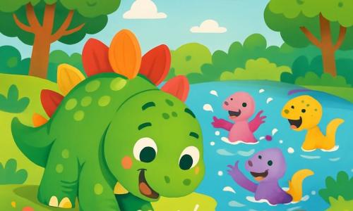 Een stralende en blije stegosaurus met groene schubben en kleurrijke stekels staat bij een glinsterend meer. Hij kijkt verwonderd naar een kleine, glanzende steen, als een stuk kristal, dat voor hem ligt. In de buurt speelt een groep kleine dinosaurussen met felle kleuren en stralende glimlachen in het water. Het landschap is gevuld met bomen met weelderig loof en schitterende bloemen, terwijl de lucht helderblauw is met donzige wolken. Steggie, de stegosaurus, ontdekt deze fonkelende schat aan de oever van het Sprankelmeer, omringd door lachen en vreugde.