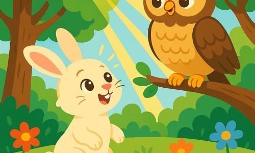 A small rabbit named Rosie, with soft and silky cream-colored fur, bright and curious eyes, stands on her hind legs with her ears perked up, displaying a look of wonder. Next to her, a wise owl with brown and golden feathers, perched on a branch, looks at Rosie kindly, its large round eyes sparkling with wisdom. In the background, a lush forest stretches out, with majestic trees adorned with vibrant leaves and colorful flowers dancing in the gentle breeze. The scene takes place in the early morning, with rays of sunlight filtering through the branches, illuminating Rosie's joyful face as she asks a fascinating question to the owl.