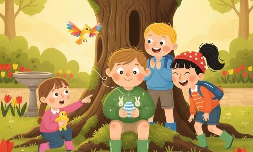 An 8-year-old boy with a round face and tousled light brown hair, eyes wide and smiling, holds a small blue-and-white striped shimmering egg in his hands; he wears a green sweater with little white rabbits, beige shorts and green rubber boots and sits by a large mossy oak. To his right, an 8-year-old girl (Lina) with black hair in a ponytail and a polka-dot hat leans in laughing to look at the egg; behind him an 8-year-old boy (Ben) with short blond hair and a blue backpack applauds excitedly, and to his left a 6-year-old girl (Rosa) with braided brown hair crouches, clutching a chick plush and pointing in wonder. A tiny luminous bird (the Daylark), about an inch long with petal-like wings and golden eyes, emerges from a thin ribbon of light above the egg and floats over the boy’s hands. The scene is a spring home garden with textured green lawn, red and yellow tulips, a stone birdbath and a paved path, bathed in diffuse golden light; the joyful, warm composition centers on the boy’s hands and the glowing bird above the egg.