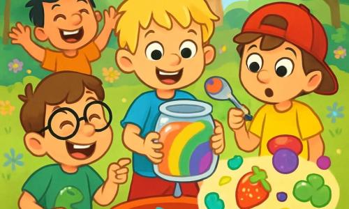 There are 4 children: Timmy, an 8-year-old boy with messy blonde hair and sparkling eyes, wearing a blue t-shirt and red shorts, standing in the center holding a large pot of colorful jelly. Benny, also 8, has brown hair and round glasses, is slightly shorter than Timmy, wearing a green t-shirt with a dinosaur design, standing on the left, laughing and pointing at the jelly pot. Charlie, an 8-year-old with brown hair and a backward red cap, has a shy smile and is in a yellow t-shirt, on the right, tasting the jelly with a spoon, eyes wide open. Max, an 8-year-old with black hair and freckles, wears an orange t-shirt and blue shorts, slightly behind, laughing loudly with his arms raised in victory. The scene takes place in Jellyville Park, filled with colorful flowers and large green trees, featuring a giant candy-shaped statue surrounded by children's laughter and butterflies fluttering in the sunny air. The main situation shows the four friends mixing strange ingredients in a large pot of jelly, with expressions of joy and surprise on their faces, surrounded by bright colors and fun shapes, creating a festive and playful atmosphere.
