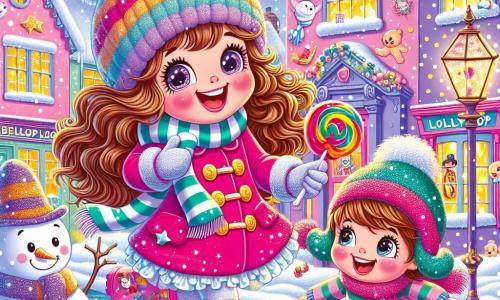 An 8-year-old girl, Poppy Bumbleberry, with long curly hair and sparkling joyful eyes, dances in the snow, laughing heartily. She wears a bright pink coat, colorful rubber boots, and a knitted hat adorned with a sparkling star. Next to her, her 5-year-old brother Oliver, with rosy cheeks and a mischievous smile, tries to catch a flying balloon animal while wearing a striped scarf. In the background, their smiling mom, with brown hair, decorates the house with twinkling lights that shine like stars. The setting is an enchanted street of Lollipop Lane, where pastel-colored houses are covered in a sparkling blanket of snow, and a large smiling snowman stands proudly. The main scene shows Poppy and Oliver in a joyful dance, surrounded by magical creatures like sparkling pixies and moon mice, celebrating the magic of New Year's together.