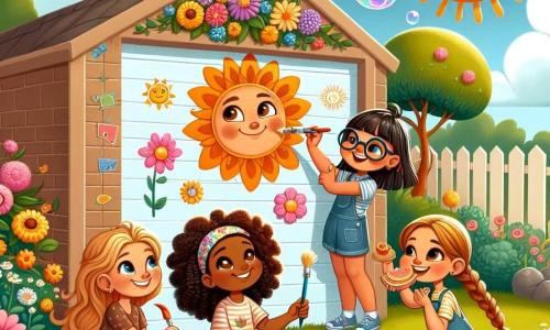 Quatro meninas alegres, com cerca de 10 anos, estão reunidas em um grande jardim ensolarado. Ana, com cabelos castanhos e óculos, pinta um mural colorido em uma parede de garagem, representando um sol sorridente. Bia, com cabelos loiros e cacheados, segura um sanduíche e sorri, sentada em uma toalha de piquenique ao lado de Ana. Clara, com cabelos ruivos e tranças, está em pé, soprando bolhas de sabão que flutuam no ar, enquanto Duda, com cabelos pretos e lisos, está agachada ao lado dela, observando com admiração uma experiência científica em um pequeno frasco. O jardim está cheio de flores vibrantes, grandes árvores verdes e um gramado bem cuidado, enquanto um céu azul claro com algumas nuvens brancas acrescenta um toque de magia à cena. As meninas riem e se divertem juntas, criando memórias inesquecíveis durante suas férias de verão.