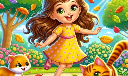 Uma menina de 6 anos, chamada Maria, com longos cabelos castanhos e olhos curiosos, dança alegremente em um jardim ensolarado, cercada por folhas coloridas que caem das árvores. Ela usa um vestido amarelo de bolinhas e sandálias rosas, e seu rosto brilha com um grande sorriso, mostrando seu entusiasmo e alegria. Ao lado dela, um gato laranja, com pelagem brilhante e olhos verdes travessos, faz piruetas tentando imitar os movimentos de Maria, enquanto um gato preto, um pouco menor, com olhos amarelos, fica atrás, rindo e caindo em uma pilha de folhas. O jardim está cheio de flores vibrantes, grandes árvores com galhos estendidos, e um céu azul claro, salpicado de algumas nuvens brancas, cria uma atmosfera alegre e lúdica. A cena principal mostra Maria e os dois gatos dançando juntos, rindo e se divertindo, enquanto uma chuva de folhas coloridas cai ao redor deles, criando uma cena mágica e cheia de vida.