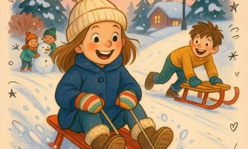 An 8-year-old girl with bright eyes and rosy cheeks, happy and excited, grins as she sleds down a small hill on a shiny red sled wearing a navy coat, cream pompom hat, striped mittens and fur-lined boots; about 8-year-old Sam, with tousled brown hair, laughs and pushes his sled a few meters to the right behind her; two other children build a snowman in the background to the left near a thicket; the scene shows fresh sparkling snow, dark snow-dusted pines, snow-covered houses and wrought-iron lampposts under a pink-purple twilight sky, a joyful downhill sled race with powdery snow spray, sled tracks, dynamic movement and visible laughter, a warm winter atmosphere despite the cold.