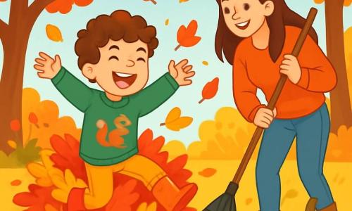 Ein 8-jähriger Junge mit lockigem, kastanienbraunem Haar und einem strahlenden Lächeln springt in einen bunten Haufen Herbstblätter in leuchtendem Rot, Orange und Gelb. Er trägt einen grünen Pullover mit einem Eichhörnchenmuster und Gummistiefel. Neben ihm steht seine Mutter, eine etwa 35-jährige Frau mit langen, braunen Haaren, die lächelt und einen Rechen hält, umgeben von verstreuten Blättern. Sie beugt sich vor, um ihm beim Aufsammeln der Blätter zu helfen. Die Szene spielt in einem herbstlichen Garten mit majestätischen Bäumen, einem klaren blauen Himmel und einigen flauschigen weißen Wolken. Verwelkte Blumen und Kürbisse schmücken den Boden und verleihen dem Ganzen eine warme Note. Der Junge lacht, während er in die Blätter springt und einen farbenfrohen Wirbel um sich herum erzeugt, während seine Mutter ihn liebevoll anfeuert und die Freude und Magie des Herbstes einfängt.