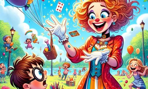 Clara, uma mulher de cabelos desgrenhados e brilhantes, usa um traje colorido e divertido, com uma capa esvoaçante. Ela sorri amplamente, mostrando sua alegria e empolgação, enquanto faz objetos dançarem ao seu redor com um gesto da mão. Ao lado dela, Pedro, um garoto de cerca de 10 anos, com cabelos castanhos e óculos redondos, observa maravilhado, segurando um baralho nas mãos. Ele tenta entender como Clara faz os objetos flutuarem, com um olhar curioso e divertido. O cenário é um parque ensolarado, repleto de árvores verdes, flores coloridas e um grupo de crianças rindo e brincando ao redor. Ao fundo, vê-se um grande céu azul com nuvens brancas, criando uma atmosfera alegre e leve. A cena principal mostra Clara, com um gesto mágico, fazendo flutuar balões, brinquedos e livros no ar, provocando risadas e aplausos das crianças encantadas ao seu redor.