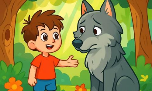 Ein 6-jähriger Junge namens Max mit zerzausten braunen Haaren und neugierigen Augen steht mutig vor einem großen grauen Wolf mit traurigen Augen. Max trägt ein rotes T-Shirt und eine blaue Shorts, und sein Gesicht zeigt eine fröhliche Entschlossenheit. Neben ihm sitzt der Wolf, der imposant, aber sanft wirkt, auf seinen Hinterbeinen und schaut Max mit einem Hoffnungsschimmer in den Augen an. Die Szenerie ist ein verzauberter Wald mit großen, knorrigen Bäumen, strahlend grünen Blättern und bunten Blumen, die um sie herum wachsen. Sonnenstrahlen dringen durch das Laub und schaffen eine warme, magische Atmosphäre. Die Szene zeigt Max, der seine Hand zum Wolf ausstreckt, bereit, ihm seine Freundschaft anzubieten, während der Wolf den Kopf neigt, berührt von diesem Angebot. Es ist ein Moment der Verbindung und des Verständnisses zwischen zwei Wesen in einer wunderschönen und mysteriösen Welt.