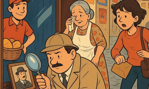Un detective de mediana edad, rostro redondo y bigote fino, con abrigo beige, sombrero blando y una lupa brillante, agachado frente a una vitrina de madera oscura con fondo de terciopelo azul, examina una pequeña fotografía antigua colocada en el marco; detrás, la señora Lidia, mujer mayor con moño gris, vestido de flores y delantal, sostiene la puerta y recupera la foto emocionada secándose una lágrima; a la izquierda Leo, un joven repartidor con gorra y cesta de pan, observa con sonrisa apenada; a la derecha Nora, fotógrafa de unos 30 años con pelo corto y bolso con carretes, llega apresurada pidiendo perdón y ofreciendo la foto envuelta en papel marrón; alféizar con etiquetas amarillas, reflejos en el cristal, carteles coloridos de la plaza y adoquines mojados al fondo; escena de restitución de la imagen, colores cálidos y contrastes, rasgos y expresiones claros.