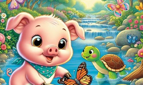 Un pequeño cerdito llamado Pepito, con un pelaje rosa suave y ojos brillantes de curiosidad, está al borde de un arroyo, sonriendo con entusiasmo. Usa sus pequeñas patas para empujar una piedra grande, mostrando su determinación y espíritu aventurero. A su lado, una mariposa colorida, Lila, con alas vibrantes de azul y amarillo, vuela alegremente trayendo flores para embellecer el paisaje. Un poco más lejos, una tortuga sabia, Tula, con un caparazón verde adornado con patrones, observa con una sonrisa bondadosa, lista para dar consejos. El lugar es un hermoso arroyo rodeado de flores brillantes y árboles majestuosos, donde el agua brilla bajo el sol. La escena muestra a Pepito y sus amigos limpiando el arroyo para hacerlo feliz, llenos de energía y alegría, ilustrando la importancia de la amistad y el trabajo en equipo.