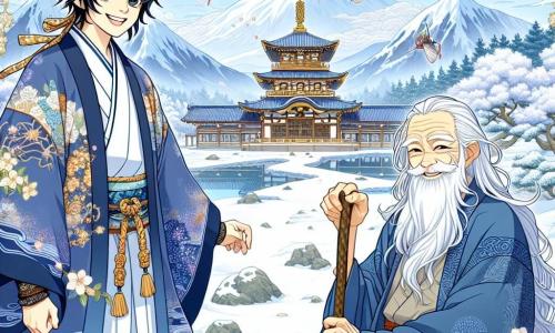 Haruto, un joven de unos 25 años, está en el centro de la imagen, con cabello negro y ojos llenos de curiosidad. Lleva un kimono tradicional azul con motivos florales, y su rostro expresa una determinación alegre mientras mira hacia el majestuoso Templo de las Nubes. A su lado, un anciano sabio de unos 70 años, con una larga barba blanca y ojos sabios, está sentado en una roca, sosteniendo un bastón y sonriendo con benevolencia, como si guiara a Haruto en su viaje. Al fondo, el Templo de las Nubes se eleva majestuosamente, rodeado de montañas nevadas y cerezos en flor, creando una atmósfera mágica y serena. La escena principal muestra a Haruto, listo para enfrentar el desafío del templo, con una suave brisa que hace danzar los pétalos de flores a su alrededor, simbolizando la aventura que le espera.
