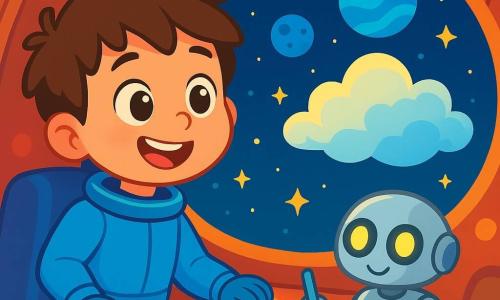 Un hombre pequeño con una gran sonrisa, llamado Tomás, flota dentro de su nave espacial. Tiene el cabello castaño desordenado y lleva un traje espacial azul brillante. Sus ojos brillan de emoción y curiosidad mientras mira a través de una gran ventana redonda. A su lado, una pequeña máquina llamada Luma, con ojos luminosos y un cuerpo de metal plateado, dibuja mapas de estrellas en una pantalla. La escena transcurre en el interior cálido de la nave, llena de luces coloridas y botones brillantes. Fuera, se ven estrellas brillantes y nubes esponjosas, creando un contraste mágico con el interior de la nave. Tomás y Luma observan una hermosa nube brillante que oculta dos planetas misteriosos, uno con lunas azules y el otro con un océano de lentejas. Toman un momento para reflexionar y decidir qué aventura elegir, rodeados por la suavidad del espacio.
