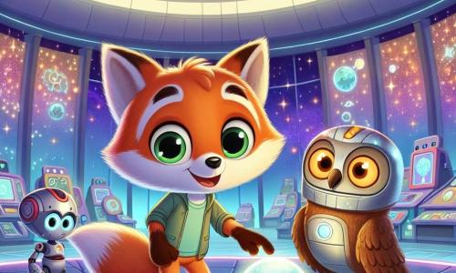 A small orange fox named Felix, with bright eyes and a fluffy tail, stands at the center of a futuristic room filled with sparkling lights and strange machines. He shows an expression of curiosity and excitement, touching a large glowing sphere on a table. Next to him, a friendly robot with a silver body and bright eyes watches Felix with an encouraging smile, ready to assist him in his quest. In a corner of the room, a wise owl with brown feathers and large round eyes looks on proudly, its wings folded, as if there to support Felix. The setting is the Innovation Dome, a circular space with colorful glass walls shimmering under the light, filled with holographic displays and futuristic gadgets. The main scene depicts Felix discovering the wonders of eco-friendly technology, eager to learn and share his findings with his friends.