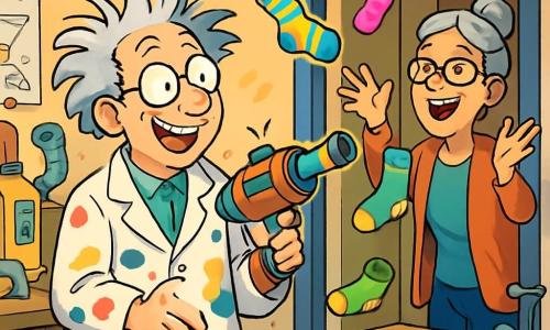 Een man, professor Ploef, staat in zijn rommelige atelier met een vrolijke uitdrukking en een ondeugende glimlach. Hij draagt een grote laboratoriumjas vol kleurrijke vlekken, licht scheve ronde brillen, en zijn messcherpe haren lijken door de wind gekamd. Hij houdt een sokkenpistool vast, klaar om het te gebruiken. Naast hem staat zijn buurvrouw, mevrouw Boon, een vrouw van rond de vijftig met grijs haar in een knot en rechthoekige brillen, die in lachen uitbarst terwijl ze probeert een sok te vangen die door de lucht vliegt. Ze staat op de drempel van het atelier, met opgetilde armen, klaar om de sokken op te vangen. Het atelier is een waar creatief rommelhok, vol vreemde machines, metalen onderdelen, open boeken over uitvindingen, en felle kleuren. Gereedschap ligt verspreid over een grote houten werkbank, en tekeningen van bizarre projecten hangen aan de muren. De hoofdscène toont professor Ploef die zijn uitvinding, het sokkenpistool, test, dat kleurrijke sokken in het rond schiet, terwijl mevrouw Boon in lachen uitbarst en probeert ze te vangen. De sfeer is vrolijk en vol verrassingen, met sokken die als confetti door de lucht zweven.