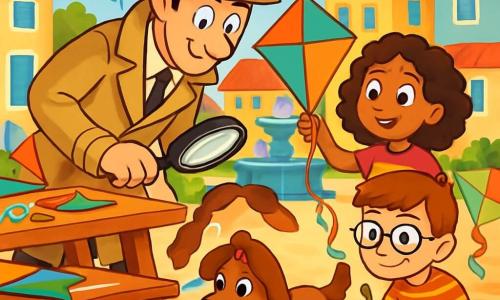 Un uomo alto, con occhi curiosi e un sorriso caloroso, indossa un lungo cappotto beige e un cappello da detective. Sta osservando attentamente un piccolo nastro blu che brilla sotto un tavolo, con un'espressione concentrata e determinata. Accanto a lui, una bambina di 8 anni, con capelli ricci e un vestito colorato, tiene un aquilone e guarda con fascino il nastro, gli occhi pieni di eccitazione. Un ragazzo di 10 anni, con occhiali e una maglietta a righe, è accovacciato vicino alla fontana, con un taccuino in mano, pronto a scrivere indizi. La scena si svolge in una pittoresca piazza del villaggio, circondata da case colorate, con tavoli in legno decorati con materiali per costruire aquiloni. Palloncini fluttuano nel cielo blu, e una fontana in pietra al centro della piazza aggiunge un tocco di freschezza. La situazione principale mostra il detective e i bambini in piena indagine per ritrovare un nastro blu scomparso, con espressioni di curiosità ed entusiasmo sui loro volti, mentre il cagnolino del panettiere si avvicina, tenendo il nastro tra i denti.