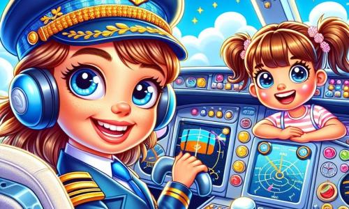 O femeie pilot zâmbitoare, cu părul brun prins într-un coc, poartă o uniformă albastră strălucitoare și o șapcă decorată cu o mare aripă aurie. Ea este așezată în cockpitul unui avion mare alb, cu ochii strălucind de entuziasm, ținând volanul cu încredere. Lângă ea, o fetiță de 8 ani, Daria, cu codițe și ochi rotunzi plini de uimire, se uită în jur cu un zâmbet mare, fascinată de butoanele colorate și luminile clipește. Cockpitul este plin de panouri de control strălucitoare, manete și cadrane, în timp ce afară, cerul este de un albastru strălucitor, presărat cu nori albi pufoși. Situația principală arată pilotul și fetița pregătindu-se să decoleze, gata să trăiască o aventură magică deasupra norilor.