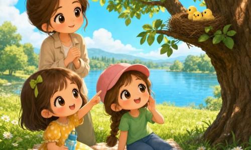 Ci sono 3 personaggi: Sofia, bambina 7 anni, capelli castani corti con fiocco verde, vestito giallo a pois bianchi, seduta a sinistra sull'erba con una borraccia blu indicando un nido; Giulia, bambina 7 anni, capelli lunghi intrecciati, cappellino rosa, maglietta verde e jeans, seduta a destra vicino a Sofia che sorride e poggia la mano sull'erba come a sussurrare agli uccelli; Maestra Marta, donna 30–35 anni, capelli castani raccolti, giacca beige leggera, in piedi dietro le bambine a sinistra con mani giunte e sguardo benevolo verso il nido. Luogo: piccolo boschetto sul lago con erba verde e margherite, sentiero terroso, un albero robusto con ramo basso che sostiene un piccolo nido marrone con due o tre pulcini gialli, acqua calma che riflette il cielo. Situazione: scena dolce e silenziosa di osservazione della natura, le bambine su una coperta a quadretti, luce calda filtrata dalle foglie, atmosfera pulita e gioiosa, colori vivaci e contorni morbidi in stile chibi kawaii.