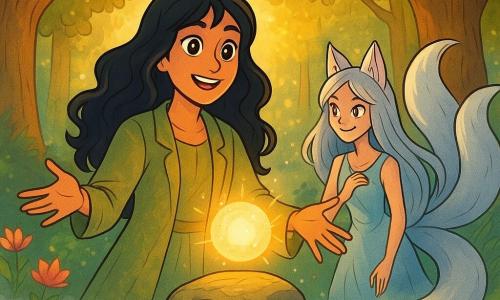 Suri, una donna di circa trenta anni, si trova al centro della scena, con lunghi capelli ondulati di un nero profondo e occhi brillanti come stelle. Indossa un leggero cappotto di lino verde e dorato, e il suo viso esprime una dolce determinazione, illuminato da un sorriso caloroso. Accanto a lei, una gumiho, una volpe magica a nove code, appare come una giovane donna di circa 20 anni, con capelli argentati e occhi scintillanti di malizia. Si tiene leggermente in disparte, osservando Suri con ammirazione, mentre la sua coda di volpe ondeggia dietro di lei. Il contesto è una radura incantata, circondata da alberi maestosi con tronchi spessi e foglie scintillanti, illuminati da una luce dorata che filtra tra i rami. Fiori di loto colorati galleggiano su un ruscello cristallino, mentre una leggera nebbia danza a terra, creando un'atmosfera magica. La scena principale mostra Suri che canta una dolce melodia, le mani tese verso una grande pietra flottante, dove una sfera di luce pulsante emette riflessi dorati. Le ombre intorno a lei sembrano dissolversi, mentre la gumiho la incoraggia, pronta ad aiutarla a liberare il Canto del Mattino.