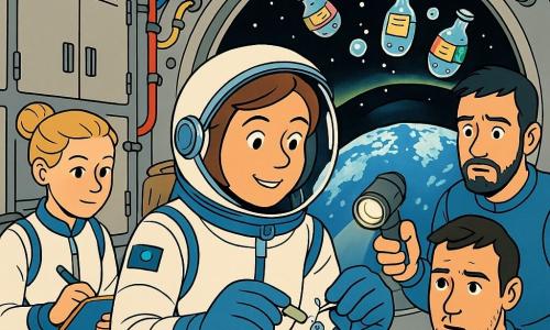 Eine lächelnde Astronautin (Lara) mit rundem Gesicht und kurzen kastanienbraunen Haaren unter offenem Helm schwebt in einer weißen-blauen Raumanzug mit Abzeichen und repariert ein winziges Loch in einem schwebenden, transparenten Fläschchen mit einem silbernen Reparaturset und speziellem Klebeband; eine kleine Flüssigkeitstropfen schwebt daneben. Hinter ihr rechts schwebt ein etwa 35-jähriger Kollege mit kurzen schwarzen Haaren und leichter Bartstoppel, besorgt, aber ruhig, und hält eine Taschenlampe, die Tropfen und Etiketten beleuchtet. Links ist eine etwa 28-jährige Kollegin mit blondem Dutt, aufmerksam und beruhigend, an einer Bandschlinge befestigt und notiert auf einem Tablet. Der runde, helle Modulinnenraum 