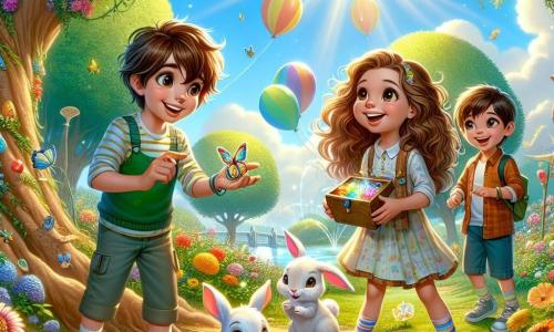 In un magnifico parco primaverile, quattro bambini si trovano insieme, pronti per un'avventura magica. Tommaso, un ragazzo di dieci anni con capelli castani e occhi scintillanti, è al centro, tiene un ovetto colorato tra le mani e sorride. Alla sua destra, Giulia, una ragazza bionda con lunghi capelli ricci, indica un ovetto nascosto sotto un grande albero, con gli occhi brillanti di eccitazione. A sinistra, Marco, un ragazzo robusto con capelli castani e un sorriso caloroso, si china per raccogliere un ovetto scintillante da terra. Infine, Sofia, una ragazza con capelli castani e corti, sta leggermente indietro con il suo bastone, osservando attentamente un piccolo coniglio bianco che li guarda con occhi maliziosi. Il parco è pieno di fiori colorati, grandi alberi con foglie verdi brillanti e palloncini che fluttuano nel cielo blu. I raggi di sole filtrano tra i rami, illuminando la scena con una dolce luce dorata. I bambini hanno appena scoperto una piccola porticina in legno nascosta sotto un albero e si preparano a entrare in un mondo magico pieno di avventure e ovetti incantati.