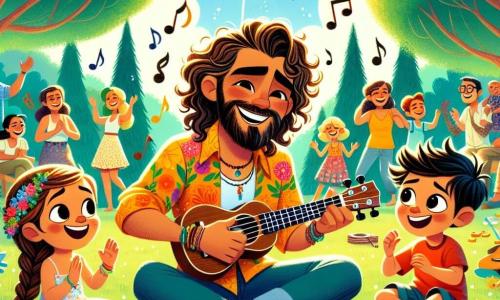 Um homem chamado Miguel, com cabelos castanhos e cacheados, um sorriso caloroso e olhos brilhantes de alegria, toca ukulele no meio de um parque ensolarado. Ele usa uma camisa colorida e calças jeans, cercado por notas musicais flutuantes que dançam no ar. Ao seu lado, uma menina chamada Sofia, com cerca de 8 anos, cabelos loiros longos trançados e um vestido florido, dança alegremente batendo palmas ao ritmo da música. Um menino chamado Lucas, de 7 anos, com cabelos pretos bagunçados e uma camiseta vermelha, está sentado na grama, tentando imitar os acordes de Miguel em um ukulele miniatura, com um olhar concentrado. O local é um parque verdejante, cheio de árvores majestosas, flores coloridas e um céu azul brilhante. Famílias e crianças brincam ao redor, criando uma atmosfera alegre e festiva. A cena principal mostra Miguel e as crianças tocando música juntos, com sorrisos radiantes em seus rostos, compartilhando um momento de felicidade e camaradagem sob o sol brilhante.
