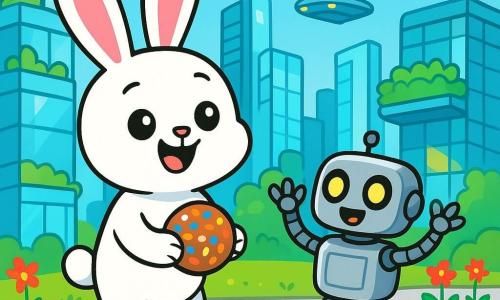 Ein kleiner weißer Hase namens Nino mit großen Ohren und funkelnden Augen steht auf einem futuristischen Bürgersteig und lächelt strahlend. In seinen Vorderpfoten hält er eine kleine Sprühdose mit bunten Samen, bereit, sie in eine graue Ecke der Stadt zu werfen. Neben ihm steht ein kleiner Roboter namens Mini-Bob mit einem silbernen Körper und leuchtenden Augen, der enthusiastisch mit seinen beweglichen Armen gestikuliert. Die Szenerie ist eine futuristische Stadt mit funkelnden Glasgebäuden, hängenden Gärten an den Wänden und fliegenden Autos im blauen Himmel. Bunte Blumen beginnen um sie herum zu blühen und verleihen der Umgebung Leben. Nino wirft seine Samenbombe, während Mini-Bob ihn mit fröhlichen Geräuschen anfeuert. Gemeinsam verwandeln sie eine Ecke der Stadt in einen lebendigen und blühenden Ort.