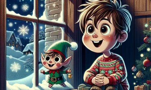 A 9-year-old boy named Oliver, with messy brown hair and big curious eyes, sits by the window of an old orphanage. His face is lit up with excitement as he watches snowflakes dance in the night. He wears a red sweater with Christmas patterns and striped socks. Next to him, a small elf named Tinsel, with pointed ears and a sparkling green outfit, joyfully floats in the air, holding a small golden bell. The orphanage's interior is warm, with aged wooden walls, Christmas decorations, and soft light from an old lamp. Outside, snow covers the ground, creating a fairy-tale landscape under the moonlight. The main scene shows Oliver and Tinsel, amazed, as they prepare for their magical adventure to spread Christmas joy, ready to venture into the starry night to help those in need.