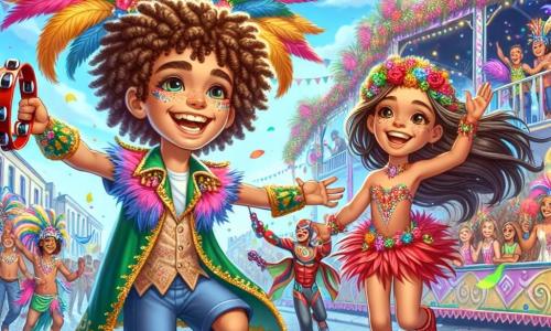 Um menino de 12 anos, com cabelos cacheados e um grande sorriso radiante, veste uma fantasia de carnaval feita de penas coloridas e brilhos cintilantes. Ele está jogando confetes no ar, seu rosto iluminado pela excitação e alegria. Ao seu lado, uma menina de 11 anos, sua irmã, com cabelos longos e brilhantes, usa uma coroa de flores e roupas de cores vivas. Ela dança rindo, segurando um pandeiro nas mãos. Um menino de 12 anos, seu amigo, vestido de super-herói com uma capa vermelha, faz gestos exagerados para chamar a atenção dos transeuntes, enquanto se mantém um pouco afastado, pronto para se juntar a eles. A cena acontece em uma grande praça animada, decorada com faixas coloridas e balões flutuantes, onde grupos de pessoas dançam e se divertem sob um céu azul brilhante. Ao fundo, um carro de carnaval decorado com flores gigantes e luzes cintilantes avança lentamente, atraindo todos os olhares. A situação principal mostra o menino jogando confetes com entusiasmo, cercado por seus amigos, todos imersos na euforia e magia do carnaval.
