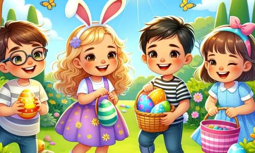 En un parque soleado, cinco niños están reunidos para una alegre búsqueda de huevos de Pascua. Lucas, un niño de siete años con cabello castaño y ojos brillantes, está en el centro, sosteniendo una gran canasta llena de huevos coloridos. A su derecha, Carla, una niña con cabello rubio y rizado, sonríe sosteniendo una canasta rosa, lista para buscar huevos. A la izquierda, Tomás, un niño con gafas y cabello negro, lleva un sombrero de conejo y mira a su alrededor con emoción. Sofía, una niña con cabello castaño y un vestido colorido, está agachada cerca de un árbol, descubriendo un huevo escondido detrás de un arbusto. Finalmente, Jorge, un niño con cabello corto y una camisa a rayas, se ríe después de tropezar con una piedra, sosteniendo un huevo brillante en su mano. El parque está lleno de flores brillantes, grandes árboles verdes y un cielo azul claro, creando una atmósfera alegre y festiva. Los niños están rodeados de pequeños huevos de Pascua coloridos, escondidos por toda la hierba. La situación principal muestra a los niños corriendo en diferentes direcciones, riendo y buscando huevos de chocolate, con un sentimiento de emoción y camaradería en el aire.