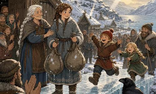 Astrid, a young woman (about 18–25) with a round face and tight brown braids, in a blue-gray wool coat dusted with snow, looks determined and serene as she stands on a translucent ice bridge holding two swollen water skins and trembling slightly from their weight; Signe, an elderly woman (about 70) with white braided hair, wrinkled skin but bright eyes, smiles gently and rests a reassuring hand on Astrid’s arm near the entrance of a large wooden hall to the left; a boy (about 8) in a red pompom hat runs and jumps across the bridge laughing while a girl (about 6) in a green coat follows, squinting and reaching toward Astrid; a glossy black raven perches on a frozen branch in the foreground, head tilted as if watching; the setting is a Nordic village on a fjord with long wooden houses and smoking roofs, powdery snow, dark 