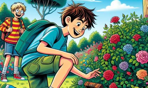 Un ragazzo di 10 anni, Matteo, con capelli castani arruffati e occhi scintillanti di gioia, è accovacciato in un parco verdeggiante, con un ampio sorriso mentre scopre una piccola scatola di legno nascosta sotto un cespuglio di rose. Indossa una maglietta blu vivace e pantaloni corti, e il suo zaino colorato è posato accanto a lui. Accanto a lui, Alessio, il suo migliore amico di 10 anni, con capelli biondi e occhiali rotondi, guarda con meraviglia, le mani sui fianchi, mentre Giulia, una ragazza di 9 anni con lunghi capelli castani e un vestito a fiori, si avvicina saltellando, impaziente di vedere cosa ha trovato Matteo. Il parco è pieno di fiori vivaci, grandi alberi con foglie verdi e un cielo blu chiaro punteggiato da alcune nuvole bianche e soffici. I bambini giocano in lontananza, e l'aria è pervasa dal dolce profumo dei fiori primaverili. La scena principale mostra Matteo mentre scava il tesoro, circondato dai suoi amici, tutti eccitati e curiosi, illustrando lo spirito di avventura e amicizia che regna in questo momento magico della caccia al tesoro primaverile.